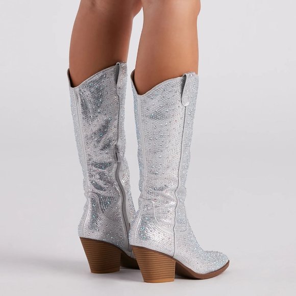 NEW🔥 Bling Jeweled Rhinestone Pointed-Toe Western Cowboy CowGirl Boot Knee-High - Picture 8 of 8